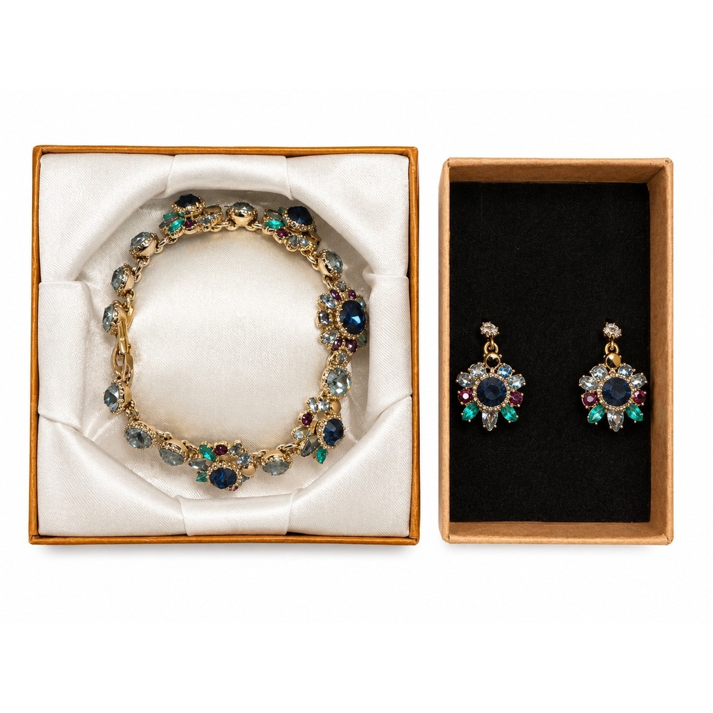 Marchesa Signed Crystal Bracelet Earrings Set Blue Green Rhinestone Designer